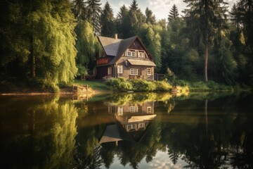 Obraz premium Forest lake house summer. Generate Ai