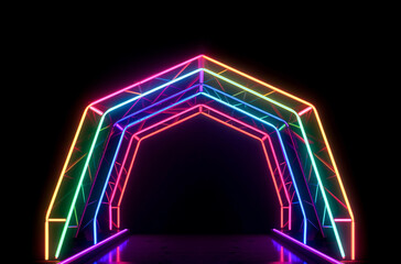 Naklejka premium A neon frame of glowing lasers on a black background. Cyberpunk futuristic minimal concept. Electronic cyber lights. Generative AI, illustration.