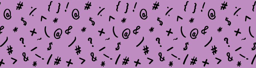 pattern with the image of keyboard symbols. Punctuation marks. Template for applying to the surface. purple red background. Horizontal image. Banner for insertion into site.