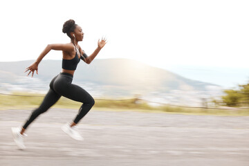 Fototapeta na wymiar Athlete, mockup and fast black woman running and training for outdoor sports, workout and exercise for a marathon. Fitness, wellness and healthy female person or runner with speed for health