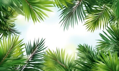 Vibrant Summer Scene: Coconut Leaves and Clear Sky on White Background. AI