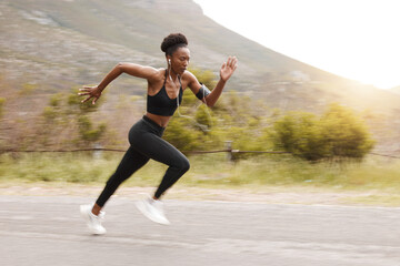 Athlete, fitness and fast black woman running and training for outdoor sports, workout and exercise...