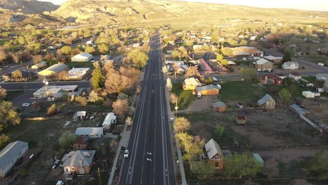 Small rural town of Escalante aerial view with small houses and farms