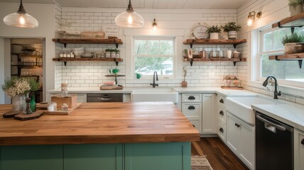 Interior design of Kitchen in Farmhouse style with Farmhouse Sink decorated with Butcher Block Countertops material. Traditional architecture. Generative AI AIG24.