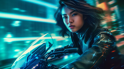 Fototapeta na wymiar Generative ai biker woman riding a sci-fi motorcycle outdoors