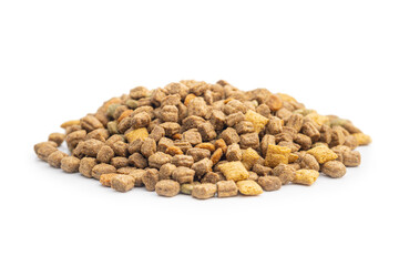 Dry kibble pet food. Dog or cat food isolated on white background.