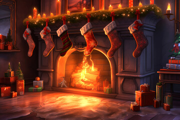 Christmas socks hanging over a fireplace with fire. 
 Generative AI