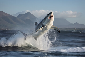 Fototapeta premium A shark jumps out of the water, its powerful jaws ready to attack. This image in sepia tone captures the danger and excitement of underwater life. AI Generative.