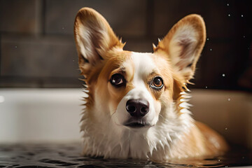 Corgi dog taking a bubble bath, bathroom on background. Grooming concept. Generated Ai