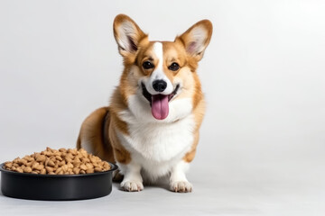 Satisfied Happy Welsh Corgi dog with open mouth and pink tongue sitting near the bowl isolated on white background. Pets food. Generated Ai