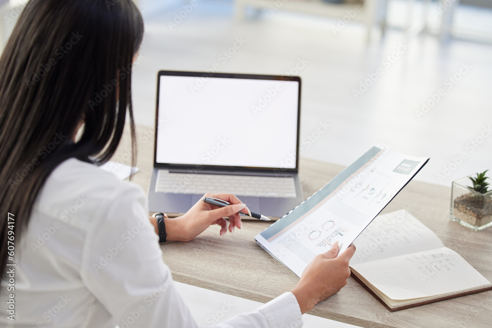 Poster Sales report, woman writing and blank screen at computer in a office with reading and data. Information, professional employee and female person with business document, notebook and desktop pc mockup