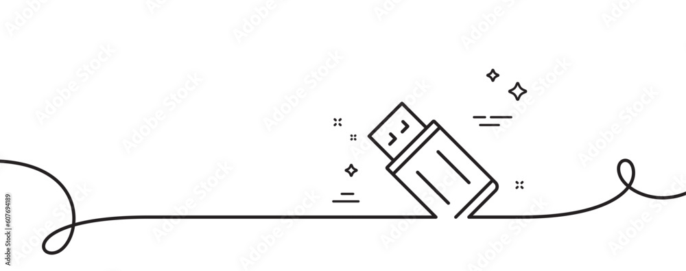 Poster usb flash drive line icon. continuous one line with curl. memory stick sign. portable data storage s