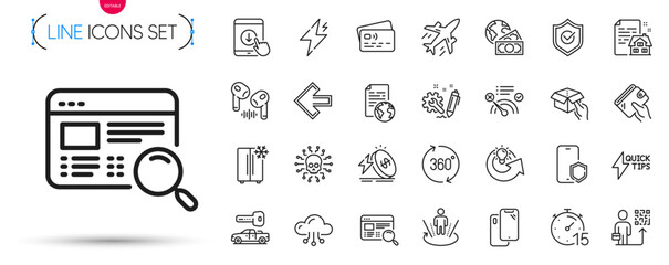 Pack of Hold box, Engineering and Card line icons. Include 360 degrees, Augmented reality, Website search pictogram icons. Power, Phone protect, Left arrow signs. Scroll down. Vector