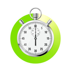 Realistic classic stopwatch. Shiny metal chronometer, time counter with dial. Green countdown timer showing minutes and seconds. Time measurement for sport, start and finish. Vector illustration