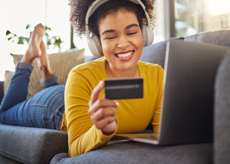 Headphones, credit card and woman on computer for home online shopping, e commerce or fintech...
