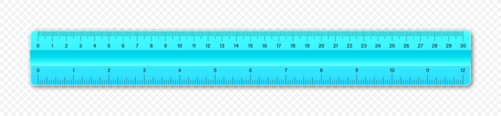 Realistic plastic ruler with measurement scale and divisions, measure marks. School ruler, centimeter and inch scale for length measuring. Office supplies. Vector illustration