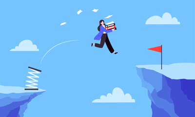 Businesswoman jumps over the abyss across the cliff flat style design vector illustration. Business concept of fearless businesswoman with courage. Risk, goal achievement, work obstacles and success.