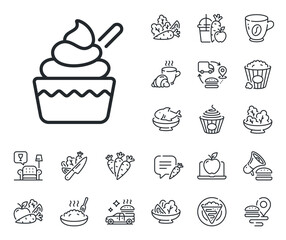 Vanilla sundae sign. Crepe, sweet popcorn and salad outline icons. Ice cream cup line icon. Frozen summer dessert symbol. Ice cream line sign. Pasta spaghetti, fresh juice icon. Supply chain. Vector