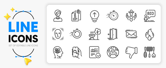 Attached info, Face detection and Timer line icons set for app include Grill tools, Flammable fuel, Auction outline thin icon. Grill, Businesswoman person, Door pictogram icon. Lock. Vector
