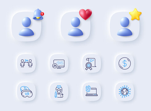 Certificate, Coronavirus and Vaccination line icons. Placeholder with 3d bell, star, heart. Pack of Social distancing, Report statistics, Vr icon. Dollar money, Computer fingerprint pictogram. Vector