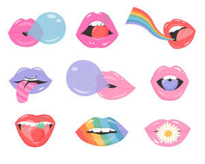 Set of glossy female lips. Cute stickers, fashion patches in retro style. Sexy women lips expressing different emotions. Make up and fashion.