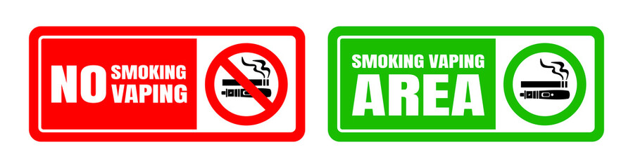 No smoking no vaping and smoking area sign set. Forbidden sign icon isolated on white background vector illustration. Cigarette, vape in prohibition circle and green allowed area.