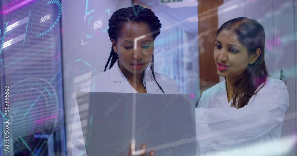 Poster animation of data processing over diverse scientists using laptop