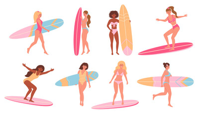 Beautiful women in swimsuits with surfboards. Beach surfers girls set. Active summer, Healthy Lifestyle, Surfing, Summer Vacation concept.