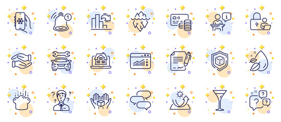 Fototapeta na wymiar Outline set of Dice, Cooking hat and Sun protection line icons for web app. Include Helping hand, Decreasing graph, Support consultant pictogram icons. Lock, Card, Reminder signs. Vector