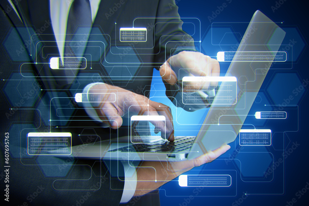 Aufkleber Software system technologies and research concept with digital node buttons on blurry background. Close up of businessmen hands using laptop with mesh together. Teamwork. Double exposure.
