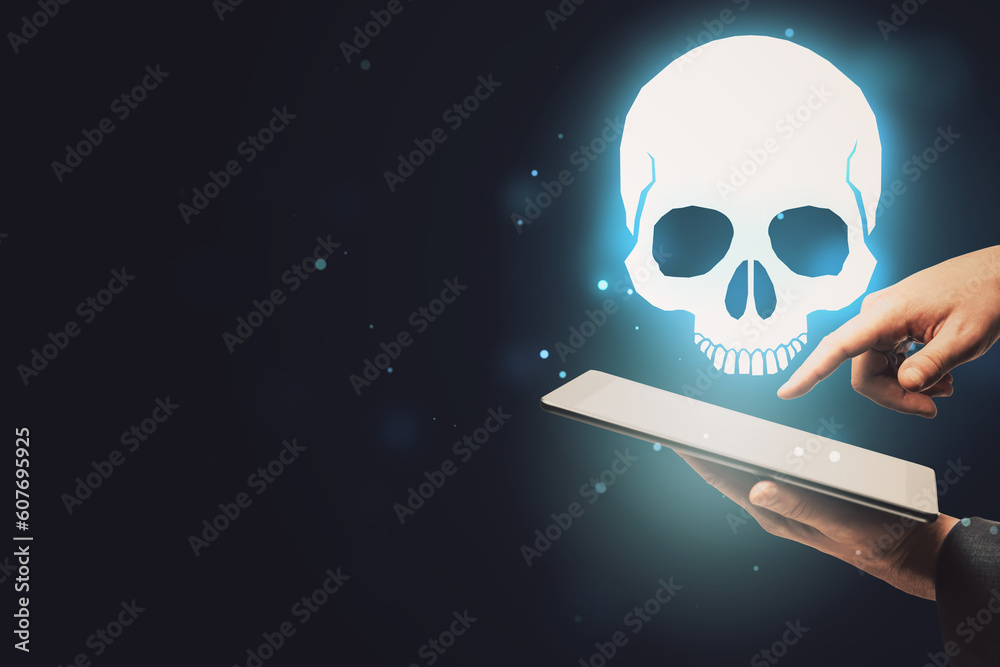 Poster Close up of hand using cellphone with glowing white skull hologram on dark background with mock up place for your text. Cyber attack and malware concept.