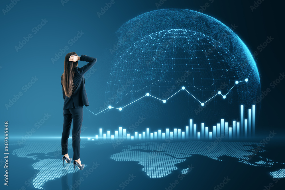 Poster back view of thoughtful young european businesswoman with abstract digital globe with business chart