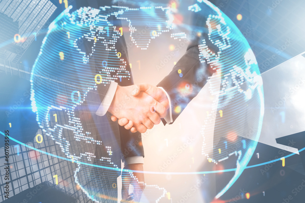 Poster Side view of businessmen shaking hands with digital metaverse globe and binary coding on light city backdrop. Teamwork, future and technology concept. Double exposure.