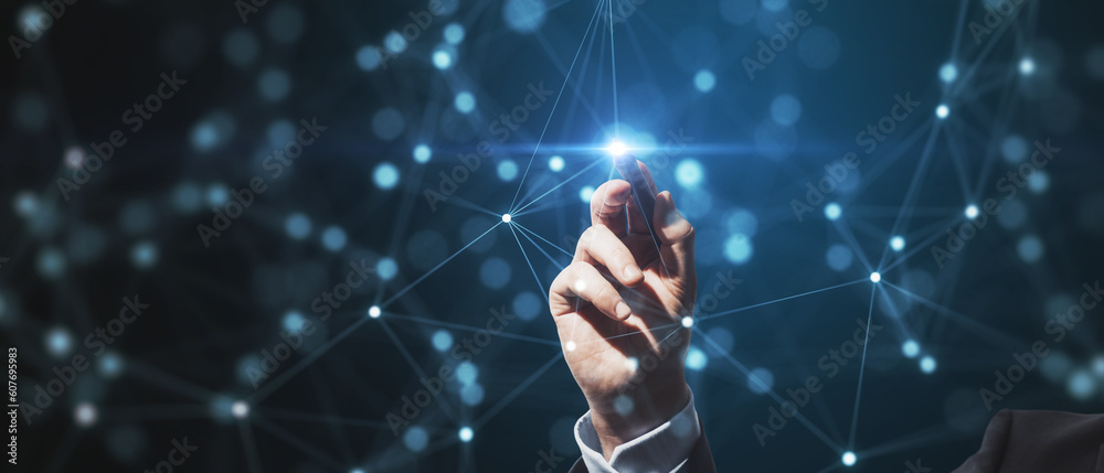 Poster close up of male hand pointing at creative glowing blurry plexus on dark background. digital communi