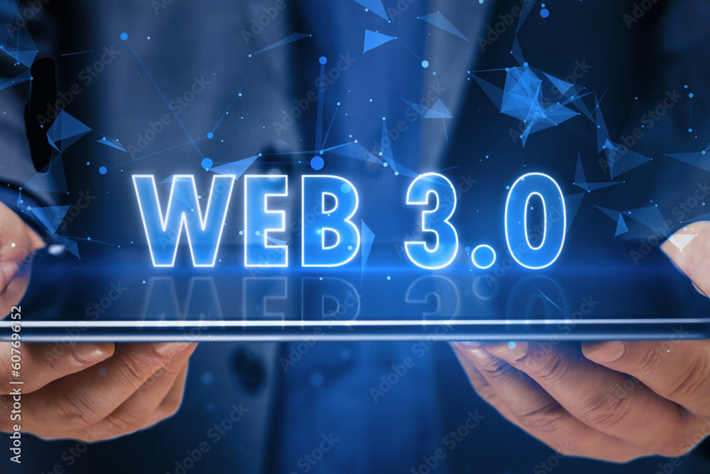 Poster Virtual communication, blockchain and new internet generation concept with glowing blue web 3.0 sign above digital tablet screen in man hands