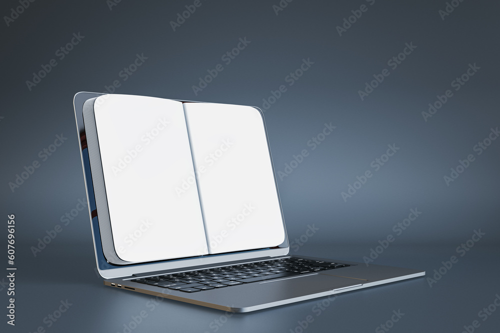 Poster e-learning and e-library concept with perspective view on blank white notebook pages for advertising