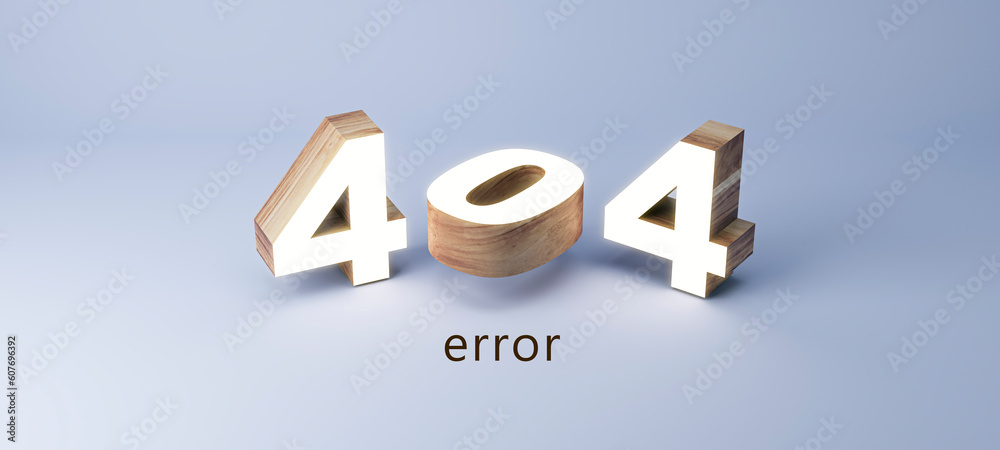 Poster 404 page not found error creative concept with wooden 3d digits on light blue background, 3D Rendering