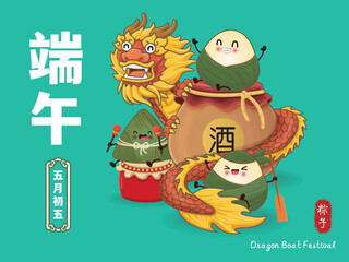 Vintage Chinese rice dumplings cartoon. Dragon boat festival illustration.Chinese word means Dragon Boat festival, 5th day of may, rice dumpling, zongzi