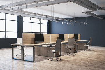 Modern wooden coworking office interior with panoramic windows and daylight, furniture and equipment. 3D Rendering.