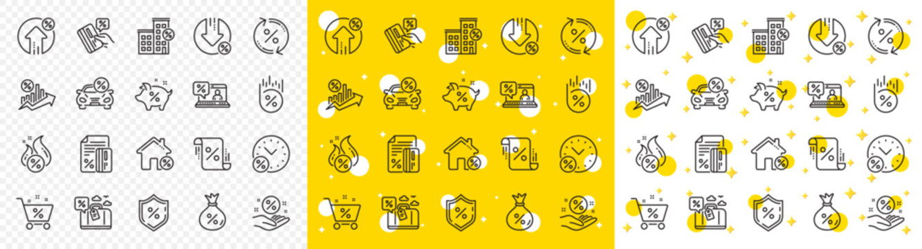 Set of Investment, Interest rate and Percentage diagram linear icons. Loan line icons. Car leasing, analytics plan, Credit card percent and loan rate. Bank mortgage, leasing, interest graph. Vector