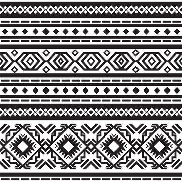 seamless pattern with black and white borders, in ethnic style, folk-inspired motifs
