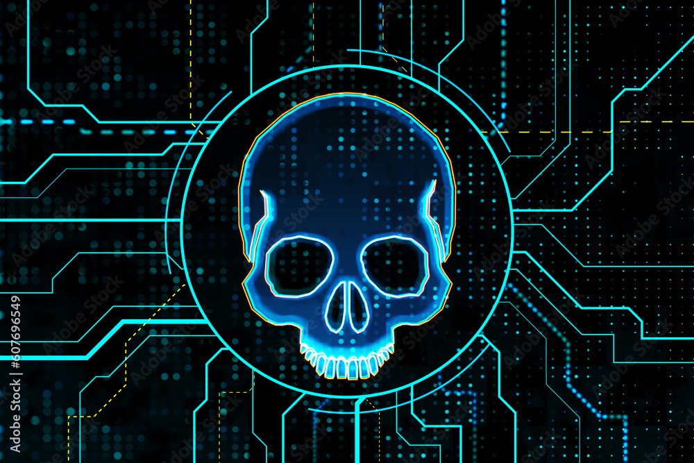 Poster glowing blue skull symbol, dark screen texture background, hacking attack and piracy concept. 3d ren