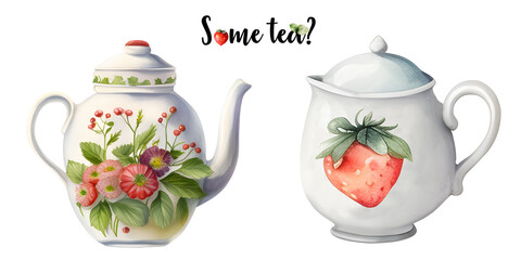 Watercolor teapot with strawberry tea. Time o clock. AI Generated. Strawberry tea party, Tea shop, cafe, tea lover.