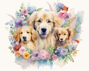 beauty of flowers with the charm of dogs a watercolor featuring dogs surrounded by a wreath of colorful blooms. intricate details and delicate washes to create a soft and dreamy effect