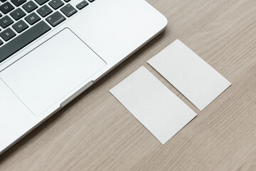 Pass business cards during meetings. Blank business card, mockup, vertical business card