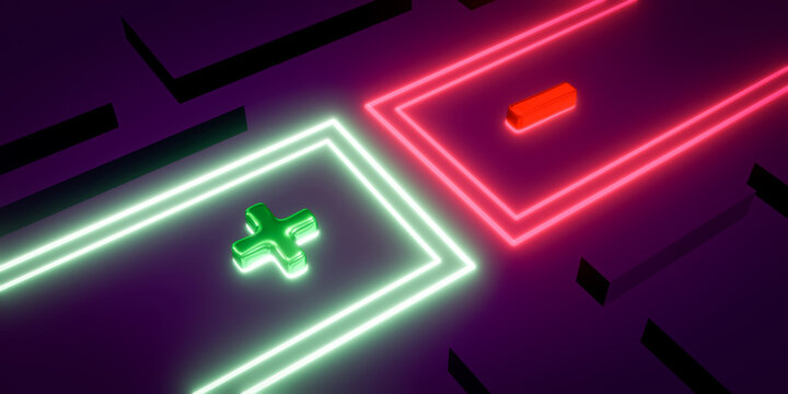 Plus and minus&nbsp;symbol with green and red glowing neon lighting on dark purple background, 3d render.