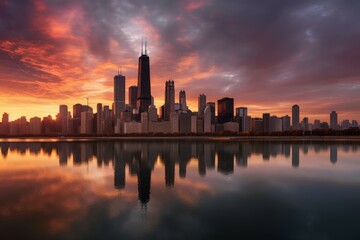 Obraz premium Skyline city sunset lake. Generate Ai