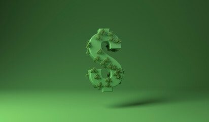 Dollar sign covered with green plants against green background