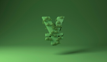 Yen or Yuan sign covered with green plants against green background