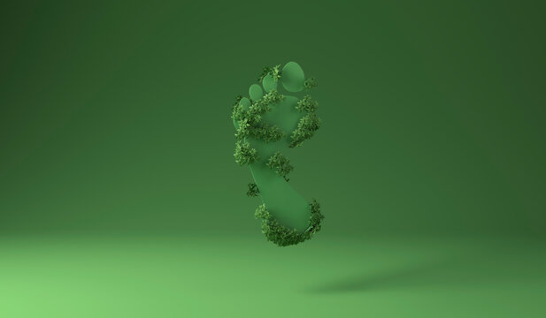 Footprint covered with green plants against green background